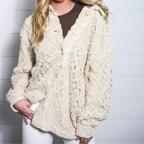 ILLA ILLA Sweaters - ILLA ILLA Crochet Wood Button Down Shacket in Cream